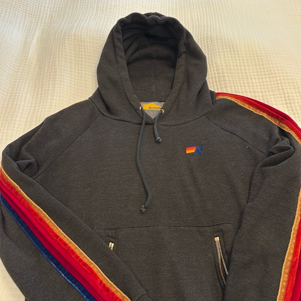 Aviator Nation Velvet Stripe Pullover Hoodie w/ Zippers Size Small Charcoal Grey